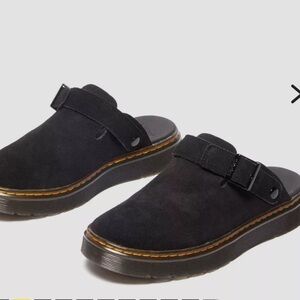 Dr. Martens Black Suede Clog Mules with Buckle